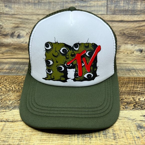 Retro MTV Mens Trucker Hat Green Snapback Eyes 80s Vintage Logo Baseball Cap - Picture 2 of 8